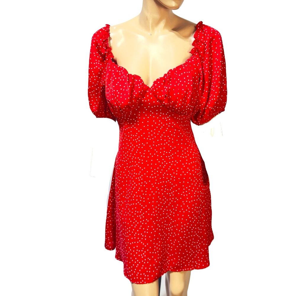 Missguided Red And White Polka dot Milkmaid Skater Dress US Size 4 Puff Sleeve